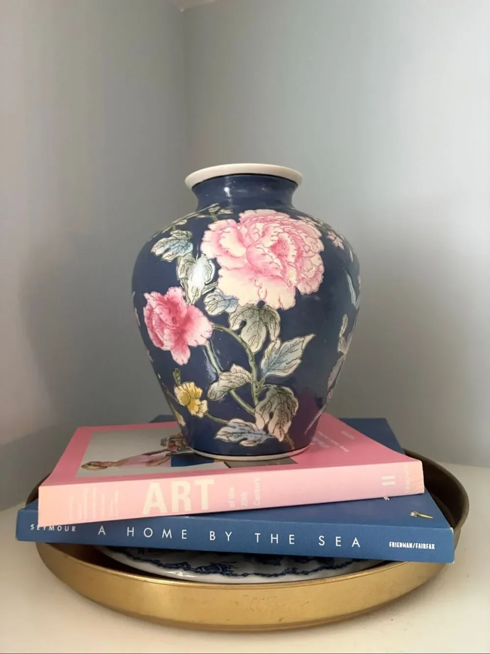 VTG Porcelain Rose Medallion Vase Blue Pink Peony Chinoiserie